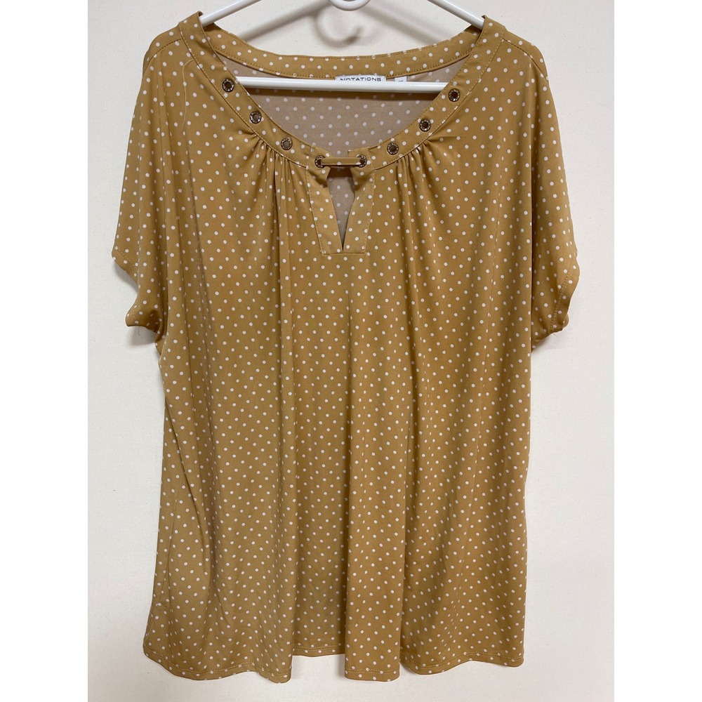 Notations Woman Mustard Yellow Polka Dot Grommet Neck Blouse Top 3X